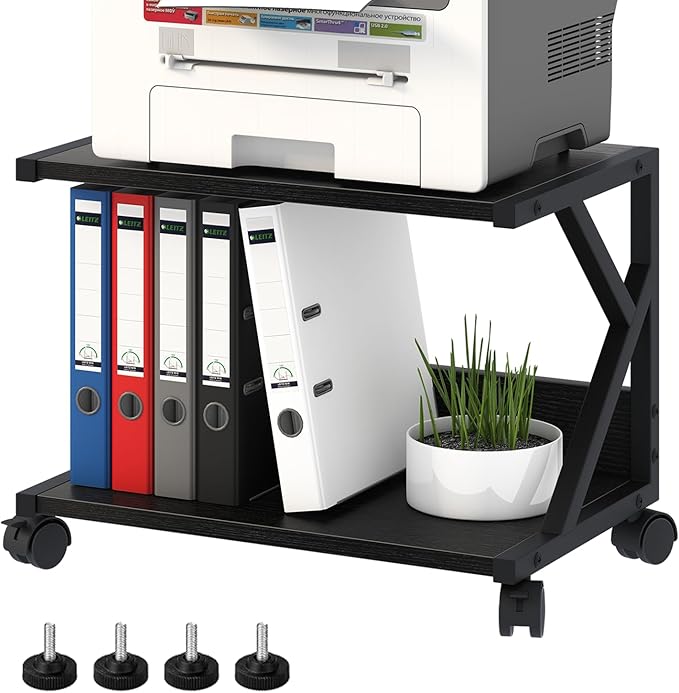 aboxoo Desktop Printer Stand with 2 Tier Wood Storage Shelves,Under Desk Printer Table,Multi-Purpose Home Office Desk Organizer for Fax Machine, Scanner (Black)
