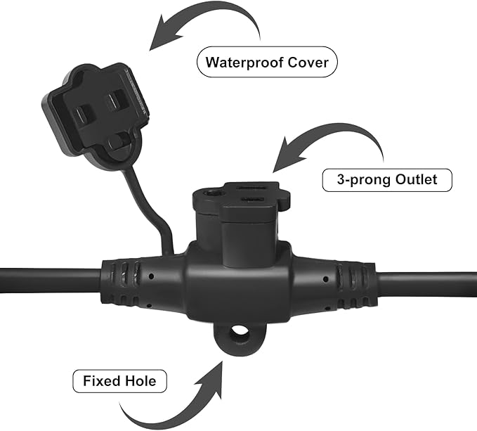 oviitech 25FT Black Outdoor Extension Cord,5 Evenly-Spaced Outlet Plugs,Multiple Outlets with Weatherproof Power Cord.