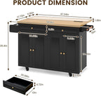 COCO DESIGN 60" Rolling Kitchen Cart with Power Strip & Drop Leaf, Thick Countertop, Large Storage Cabinet & Drawers, Mobile Island with Locking Wheels, Towel Rack and Spice Rack, Black and Oak