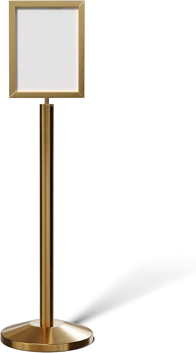 Crowd Control Warehouse Pedestal Standing Floor Sign Frame with Sloped Base, 11 x 14 Inch Vertical, Satin Brass