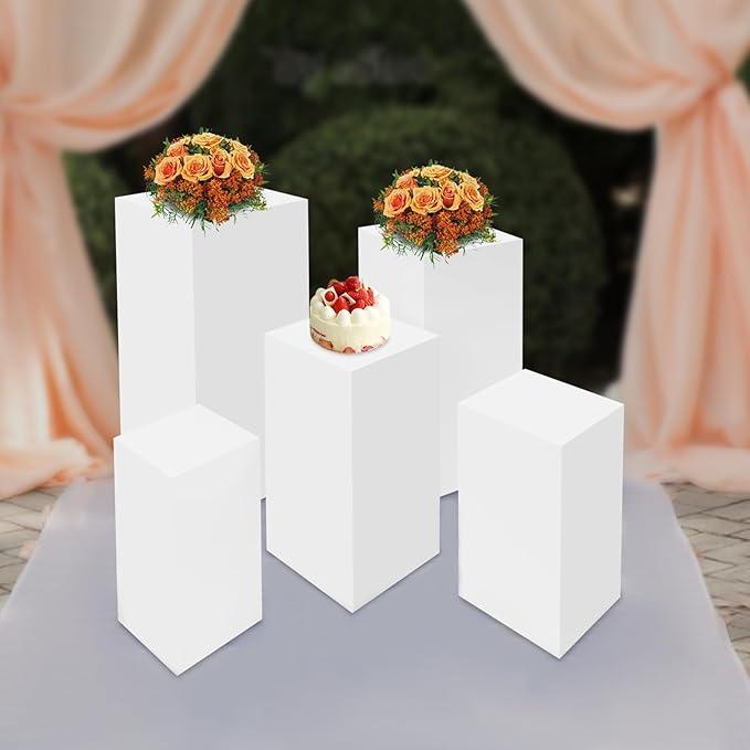 5Pcs Metal Square White Pedestal Stands, 5 Pack Flower Display Rack Dessert Table Cube Party Decoration Pillars for Wedding Ceremony Birthday Art Show 18''+20''+24''+30''+35''