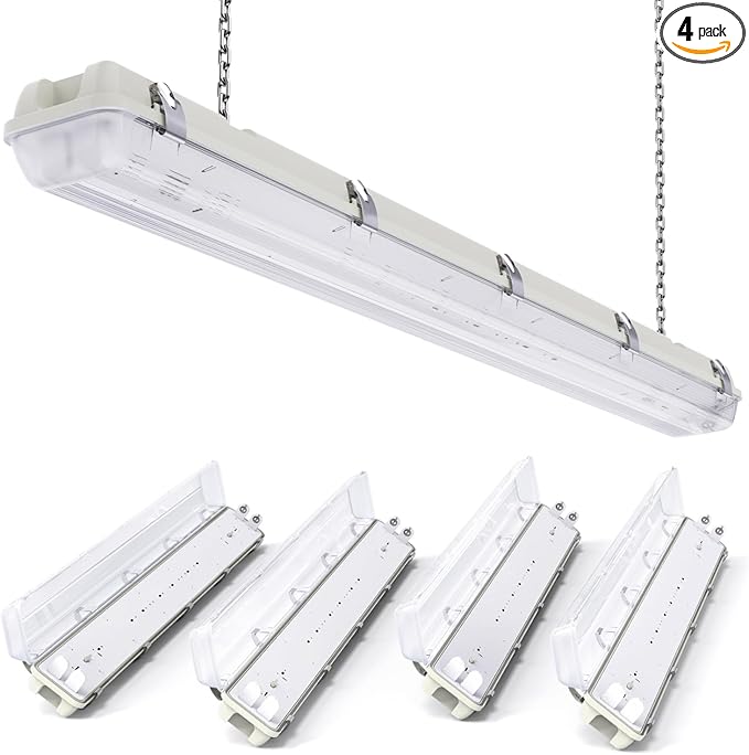 Sunco LED Ready Fixture for Garage Ceiling, 4ft Shop Lights Holds 2 LED Tube Lights, Non-Dimmable, Surface Mount, Works with Type B and Hybrid Tubes, 120-277V, Wet Rated ETL 4 Pack