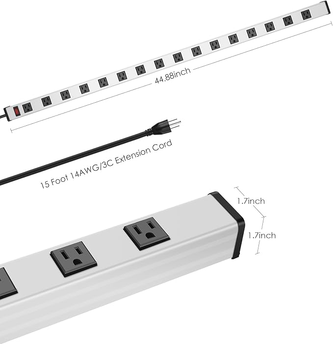 JUNNUJ Long Metal 16 Outlet Power Strip, Wide Spaced Garage Industrial Heavy Duty Power Strip with 15 FT Cord 15A, 125V, 1875W-Silver