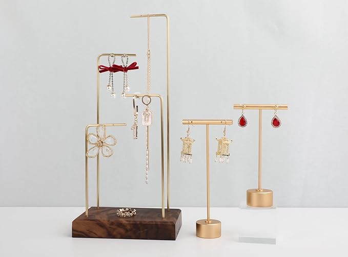 GemeShou Gold Metal Single Pair T Bar Earring Retail Display Stand for show, Tabletop Jewelry Tower Holder for Girl Women【Gold-Round Base Height 5.3"】