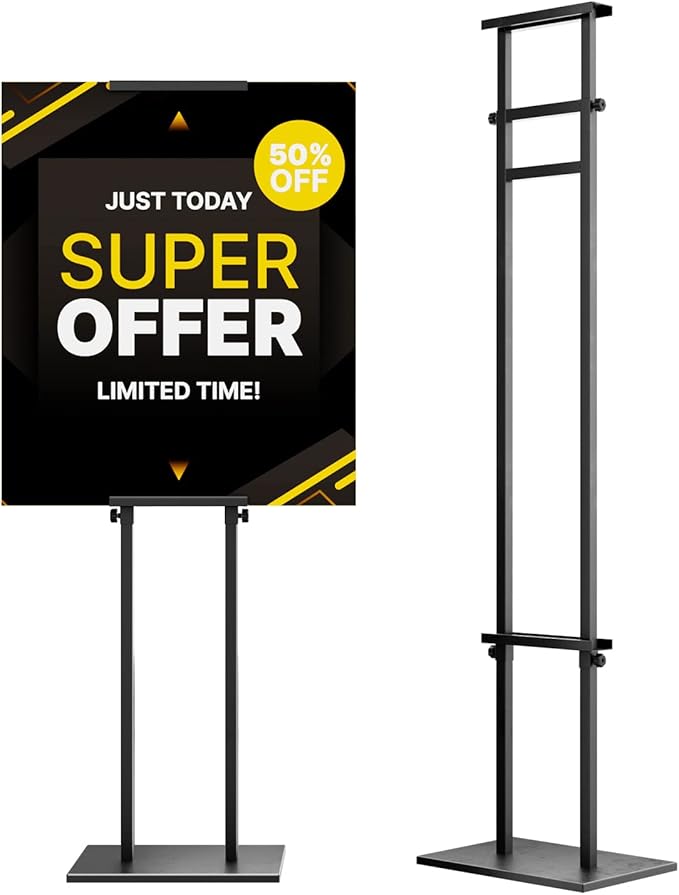 Display Stand Sign Holder,Heavy Duty Adjustable Pedestal Sign Stand Up to 75 inch,Double-Sided for Board & Foam Sign,Sign Stand with Base,Fit Wedding,Restaurant or Business(Poster not Included)