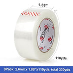 BOMEI PACK Heavy Duty PackingTape with Dispenser - 3 Rolls, Total 330Y, 2.6 mil, 1.88 inch x 110 Yards, Clear Packaging Tape Refills for Shipping, Mailing, Moving & Storage