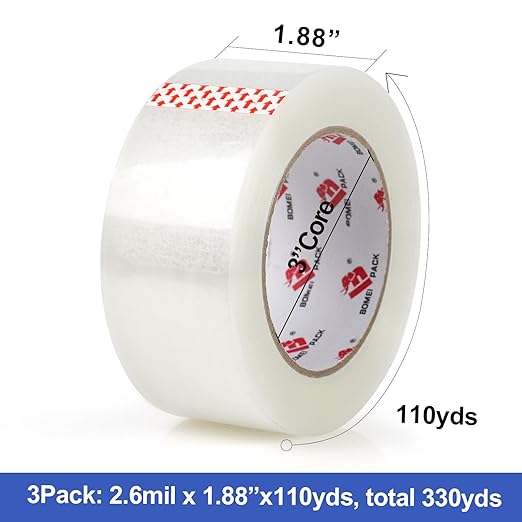 BOMEI PACK Heavy Duty PackingTape with Dispenser - 3 Rolls, Total 330Y, 2.6 mil, 1.88 inch x 110 Yards, Clear Packaging Tape Refills for Shipping, Mailing, Moving & Storage
