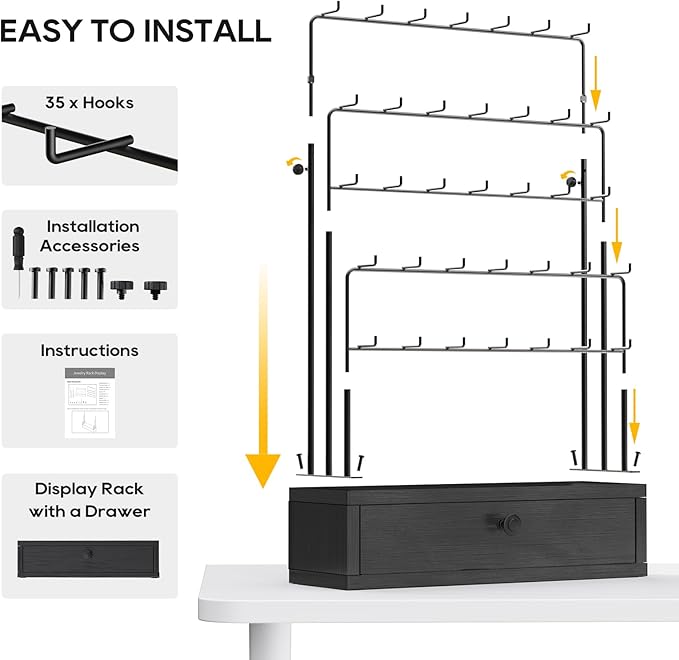 ORLESS 5-Tier Jewelry Display for Vendors, Earring Holder Organizer with Storage Drawer Box, Necklace Display Holder for Selling, Earring Cards Organizer for Bracelets, Rings, Black(35 Hooks)