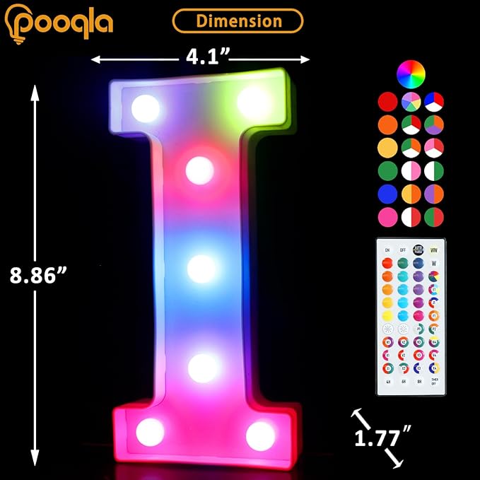 Pooqla Colorful Light Up Letters with Remote, Upgraded 35 Colors LED Marquee Letters, RGB Lighted Letter for Girls Teenager Gift, Birthday, Party, Wedding, Night Light, Room, Bedroom Decor, Letter I