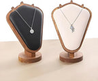 Walnut Color Body Wood Necklace Display Stand with Black Leather Soft Mat Necklace Holder Organizer Desktop Stand for Home Store Dresser-3.3"x5.8"x8.4"