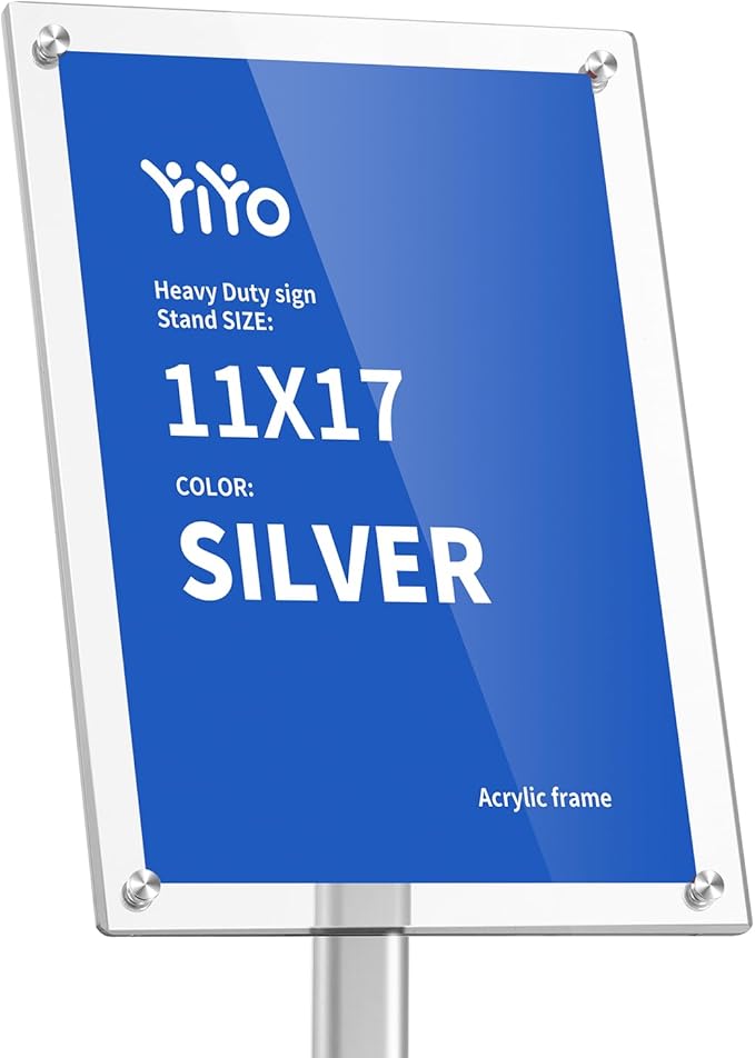 YIYO Sign Stand Poster Stand，adjustable heavy duty pedestal Sign Holder Floor Stand，acrylic frame floor signage standing for display menu11*17 inch，Silver (acrylic frame 11*17 Sliver)