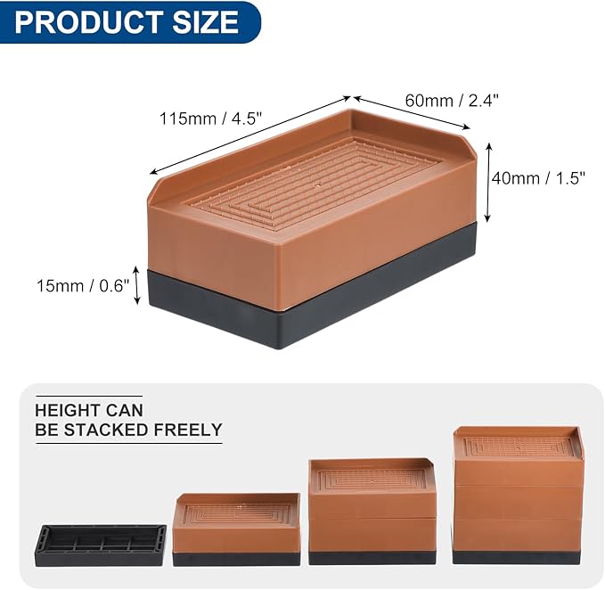 uxcell Furniture Risers 1.5 Inch, 4Pcs Rectangle Bed Risers Adjustable Couch Riser for Extender for Bed Desk Sofa Table Lift Support Up to 1300Lbs, Brown