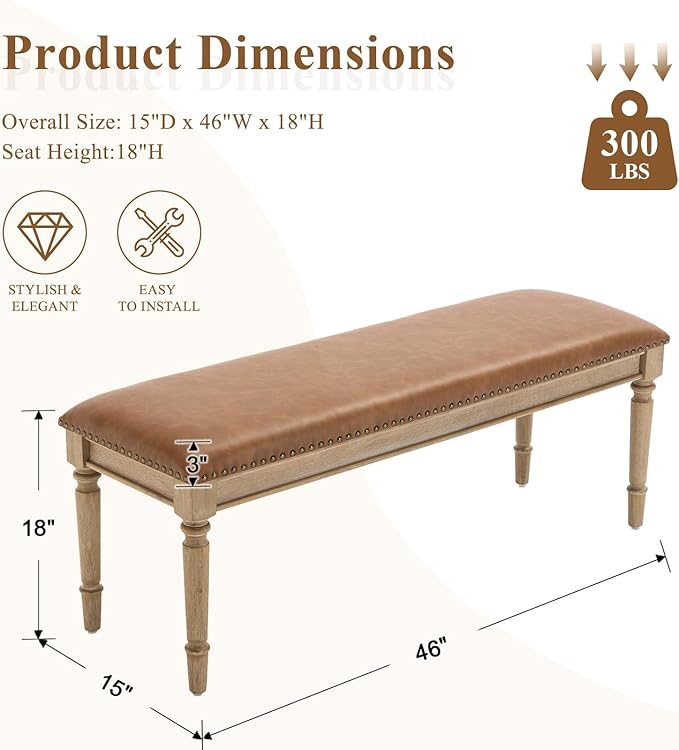 46'' French Country Entryway Bench Wooden Faux Leather Upholstered Seat Dinng Bench with Nailhead Trim for Hallway End of Bed, Brown