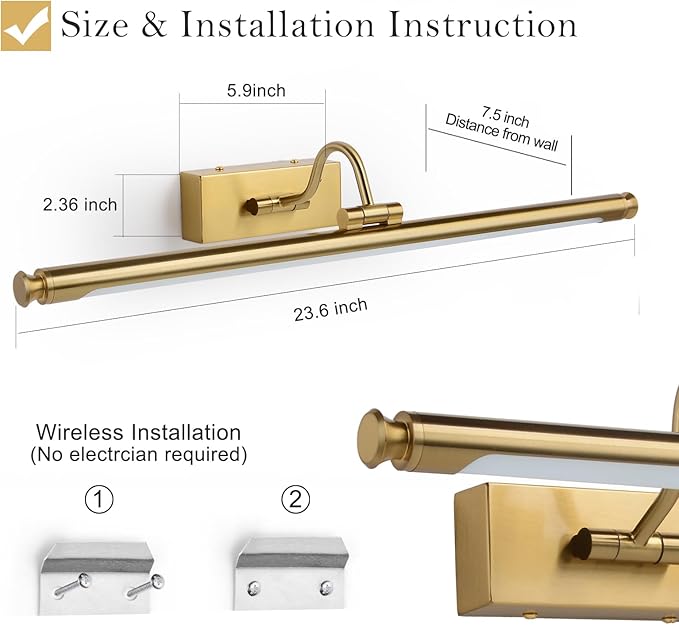 Wireless Picture Light, 23.6" Rechargeable LED Art Lamp with Remote, Dimmable Brightness, Timer & Adjustable Arm for Paintings, Mirrors, and Frames