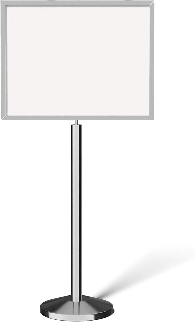 Crowd Control Warehouse Pedestal Standing Floor Sign Frame with Sloped Base, 22 x 28 Inch Horizontal, Polished Stainless Steel
