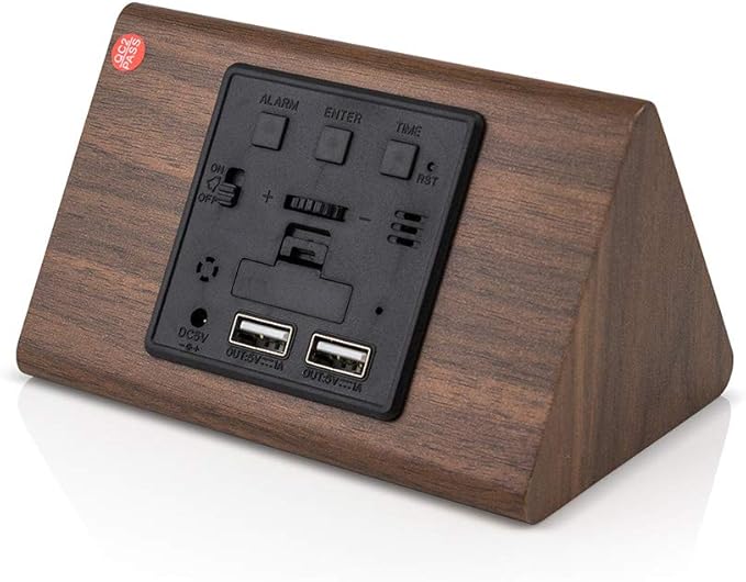 GEARONIC Digital Alarm Clock Wooden Alarm Clock Wood Modern Triangle Alarm Digital Desk Clock, Displays Time Date Temperature Calendar Wood Made Electric Clocks for Bedroom, Bedside - Brown