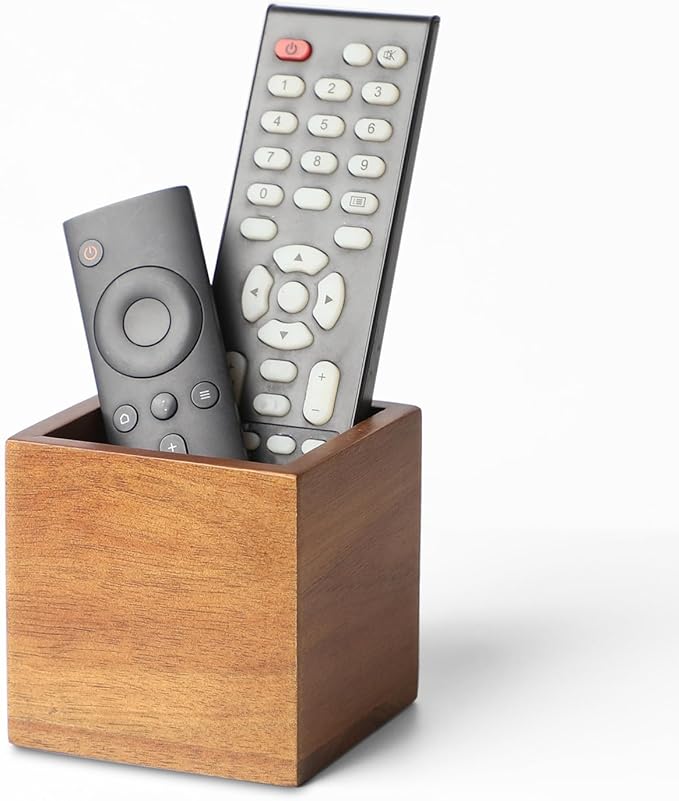 Remote Control Holder Caddy, Farmhouse Acacia Wood TV Remote Holder, Vintage Desk Caddy, Remote Organizer for Table (Brown - for 2 or 3 Remote Controls)