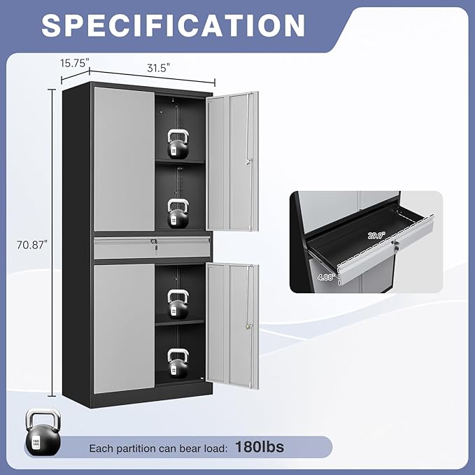 Metal Storage Cabinet with with Drawer, Garage Storage Cabinet with Locking Doors and Adjustable Shelves for Garage, Home Office,Warehouse