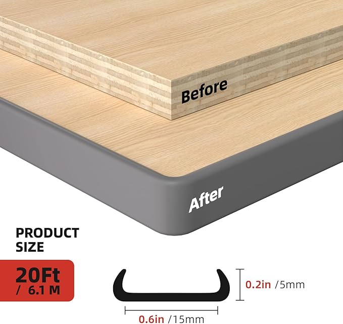 U-Shape Edge Banding, 0.6 inch x 20ft Edge TPE Self Adhesive Veneer Edging Trim Flexible Edge Protector, Strip for Countertop Cabinets Table Restoration Shelves, Grey
