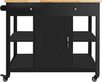 ChooChoo Kitchen Islands on Wheels with Wood Top, Utility Wood Movable Kitchen Cart with Storage and Drawers, Black
