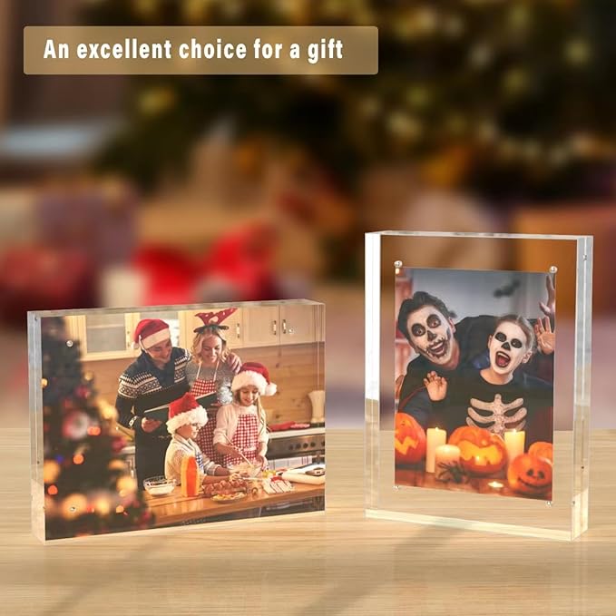 HELPLEX Acrylic Frame, 5 Pack 8x10 Picture Frames, 20mm Thicker Frameless Clear Frame Double Sided Magnetic Frame, Free Standing Desktop Display Stand Acrylic Frames