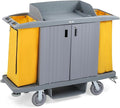 266LBS Premium Hotel & Housekeeping Cart with Door on Wheels, Multifunctional Commercial Cleaning Cart with Large Capacity Vingyl Bags, Comfor Grip Handles and Easy Move Casters, Gray