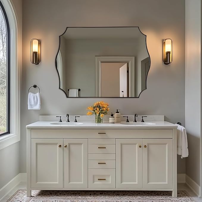 ANDY STAR 30x40 Inch Bronze Mirror, Large Bathroom Mirror with Anti-Rust Stainless Steel Metal Frame, Unique Rectangle Mirror, Stunning Curved Design Ideal for Home Remodel
