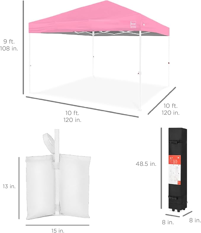 Best Choice Products 10x10ft 1-Person Setup Pop Up Canopy Tent Instant Portable Shelter w/ 1-Button Push, Case, 4 Weight Bags - Pink/White