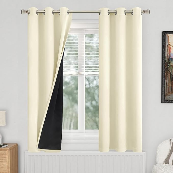 Cream Blackout Curtains for Bedroom 63 Inch Length 2 Panels Set, 100% Light Blocking Thermal Insulated Soundproof Grommet Curtains with Thick Black Liner for Narrow Window, Each 38 Inch Wide