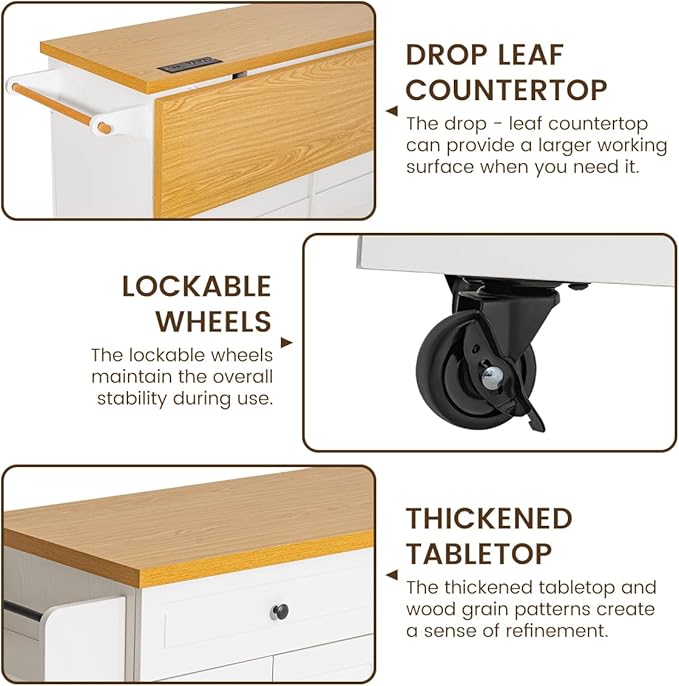 COCO DESIGN 60" Rolling Kitchen Cart with Power Strip & Drop Leaf, Thick Countertop, Large Storage Cabinet & Drawers, Mobile Island with Locking Wheels, Towel Rack and Spice Rack for Kitchen, White