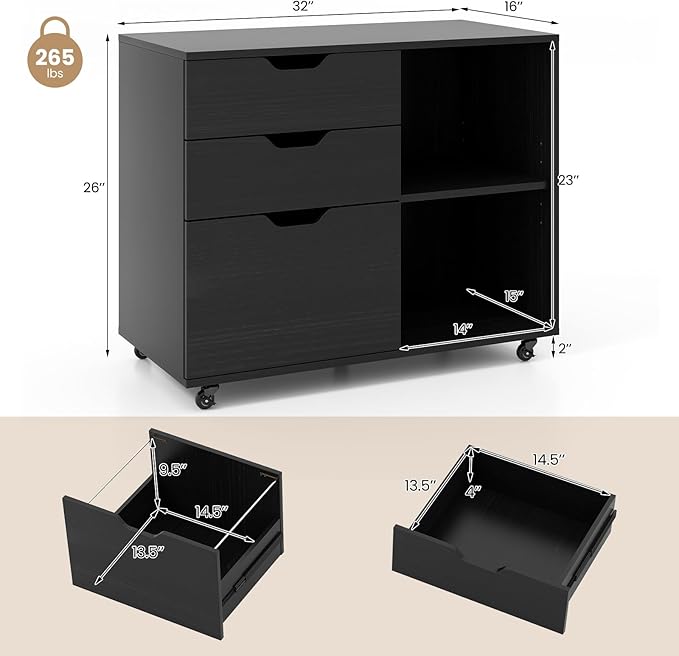 File Cabinet, Mobile Filing Cabinet w/Universal Wheels & 3 Drawers, Wood Printer Stand with Storage, Rolling File Cabinets for Home Office, Living Room, Bedroom (Black, 3 Drawers)