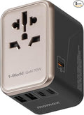 MOMAX 6-in-1 Universal Travel Adapter, GaN 70W International Power Adapter, 3 USB-C PD Fast Charging & 2 USB-A QC, 1 AC, All-in-one International Plug Adapter for Travel European UK AUS JP