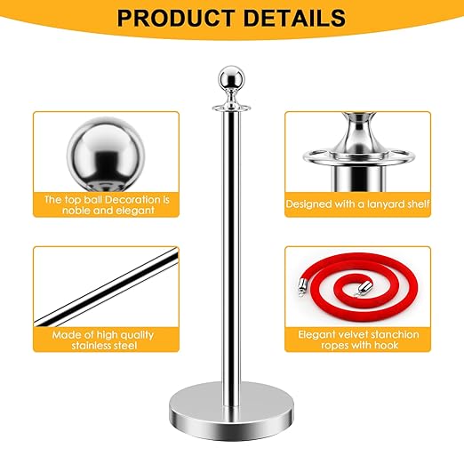 LOVMOR Crowd Control Stanchion, Set with 5 ft/1.5 m Red Velvet Rope, Set of 8 Pieces, Stanchion Rope Divider, Silver Gold Queue Barrier Line Divider with Fillable Plastic Base, Airport