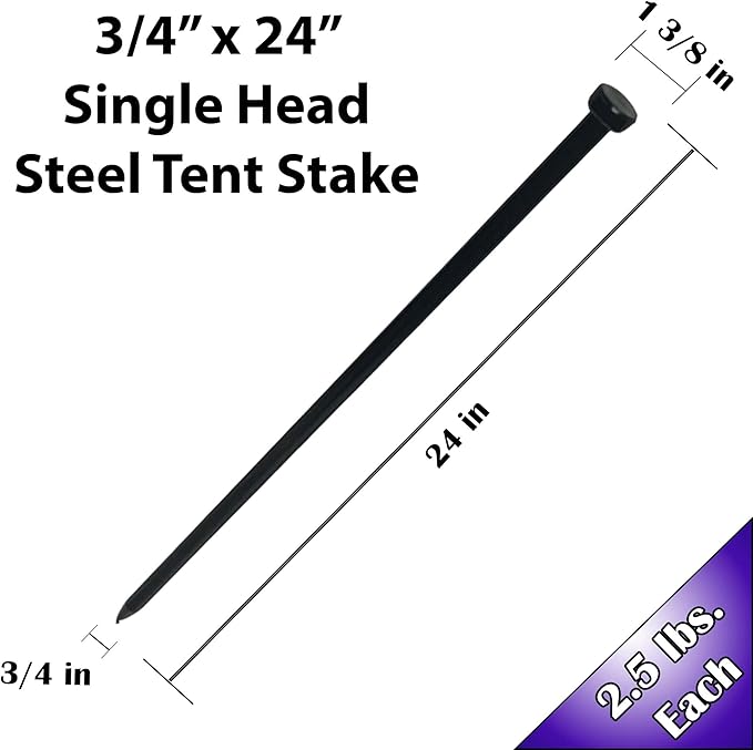 Single Head Metal Tent Stakes Heavy Duty Steel Ground Stake, Versatile Spikes to Anchor Commercial Inflatables, Event Party Tents, and Outdoor Camping Shelters, 3/4 x 24 Inch, 4 Pack