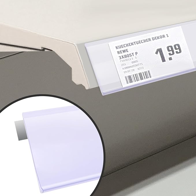Shelf Label Strips, Pro Painter 50 Pack Self Adhesive 1.5”H Shelf Strip Price Tag Holder for Plastic, Metal and Wood Gondola Shelf, Clear Plastic Front/White Back Sign Holder for 48” Long Shelf