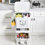 Double Layers Double Barrel Waste Sorting Bin with Wheels & Lid - Large Vertical Garbage Can for Kitchen, Bathroom, Home & Office