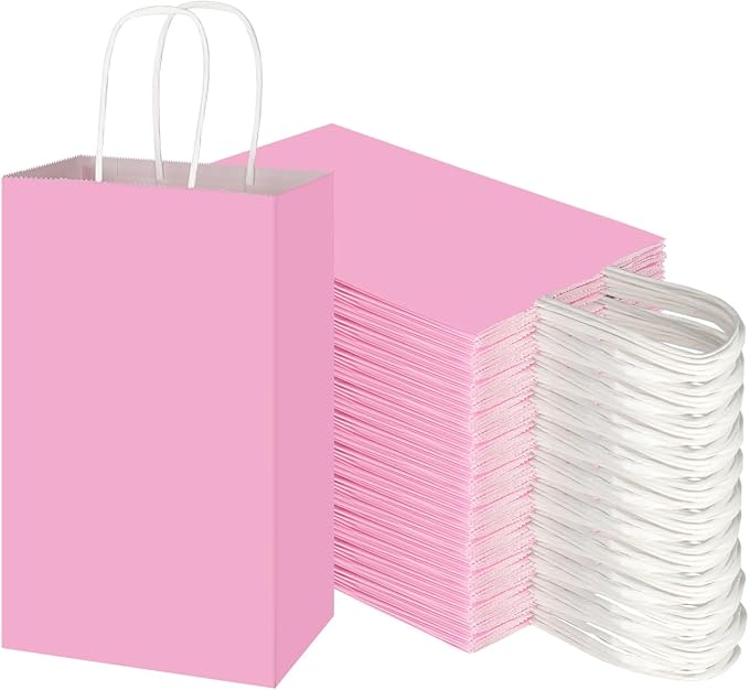 Toovip 100 Pack 5.25x3.25x8.25 Inch Small Light Pink Kraft Paper Bags with Handles Bulk, Gift Wrap Bags for Favor Grocery Retail Party Birthday Shopping Business Goody Craft Merchandise Take Out Sacks