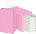 Toovip 100 Pack 5.25x3.25x8.25 Inch Small Light Pink Kraft Paper Bags with Handles Bulk, Gift Wrap Bags for Favor Grocery Retail Party Birthday Shopping Business Goody Craft Merchandise Take Out Sacks