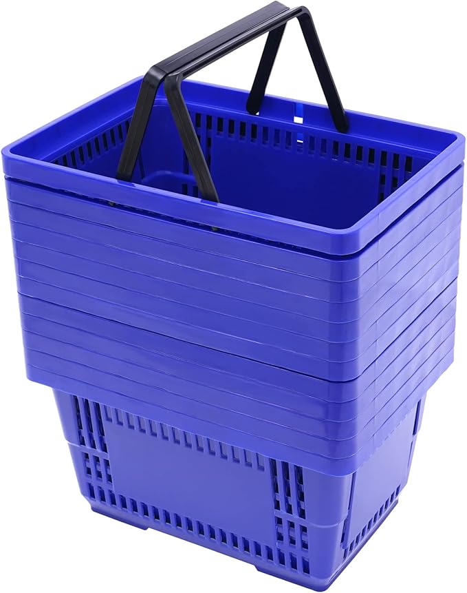 12PCS Blue Plastic Shopping Baskets with Handles, Portable Retail Baskets Grocery Basket with Handles,21L Hand Shopping Basket Set for Stores, Supermarket, Retail, Groceries Carrying
