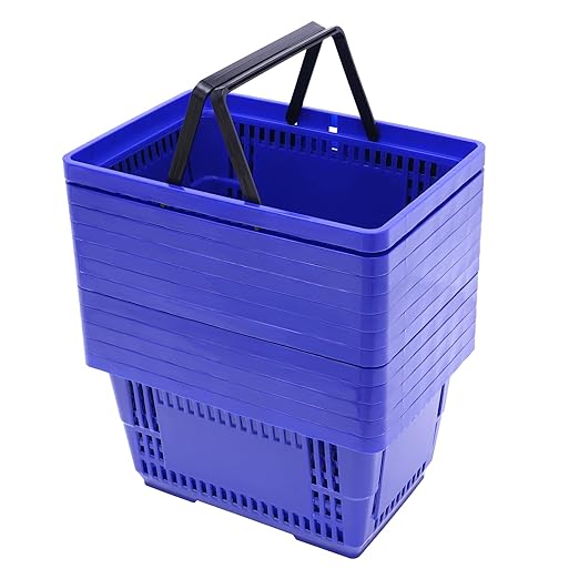 12Pcs Plastic Shopping Baskets with Handles, 18L/4.7Gal Durable Plastic Shopping Cart, Large Portable Grocery Basket for Retail Store, Supermarket, Blue