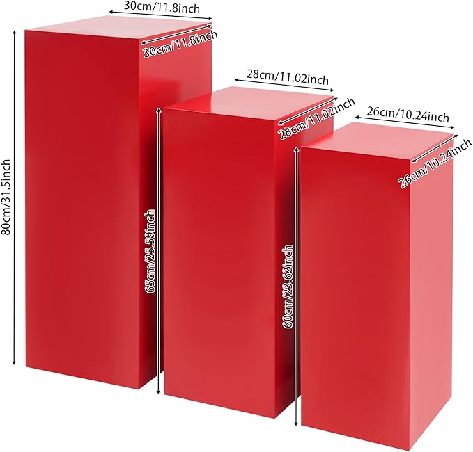 OUKANING 3 PCS Metal Display Pedestal Stands, Square Red Display Stands Pillars, Decoration Cube Sculpture Display Column for Wedding Party Baby Shower Birthday, H31.49'', 25.59'', 23.62''