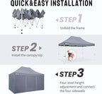 CROWN SHADES 10x15 Pop Up Canopy Tent, Thicken Frame Commercial Heavy Duty Tent with 4 Sidewalls 8 Stakes & 4 Sandbags & 4 Ropes, Outdoor Canopies for Events, Parties,Grey