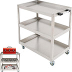 3 Tier Stainless Steel Utility Cart with Wheels and Handle, Commercial Heavy Duty Metal Food Cart Service Cart for Kitchen, Restaurant, Laboratory, 31.5 * 18.9 * 35.4in