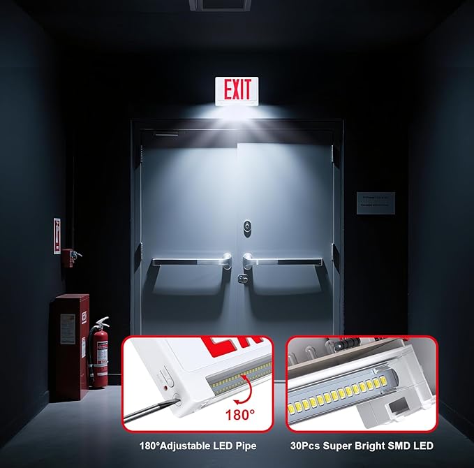 Exit Signs with Emergency Lights Battery Backup, UL Listed Double-sided Exit sign with Adjustable Light Pipe, Hardwired Compact Commercial Lighted Exit Sign, 120/277V Top/Side/Wall Mount (2 Pack)