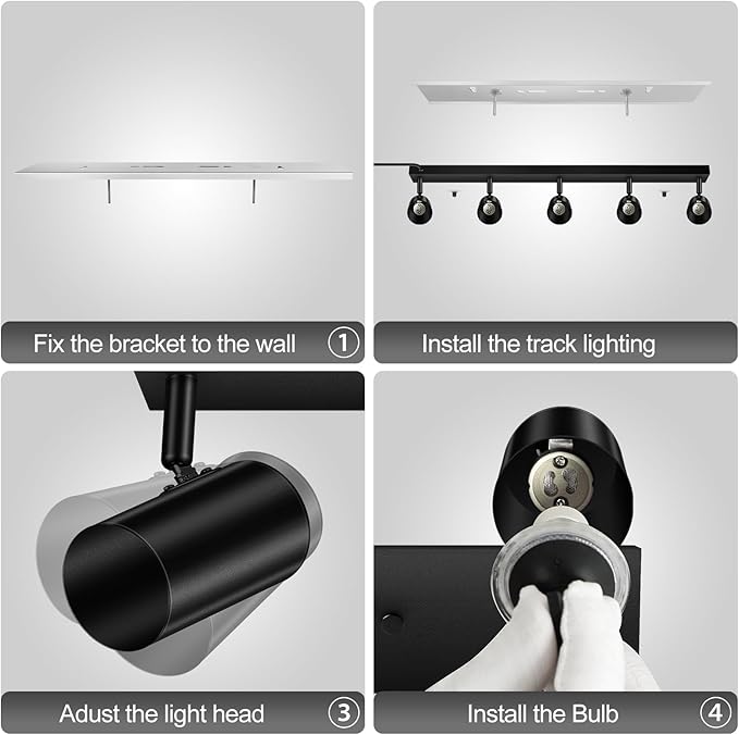 BoostArea Plug in Track Lighting, LED Track Light Kit, Black 5-Light Track Lights for Kitchen, 15 FT Cord,5 Way Ceiling Spotlight, Rotatable Wall Mount Light Head for Bedroom Hallway Living Room