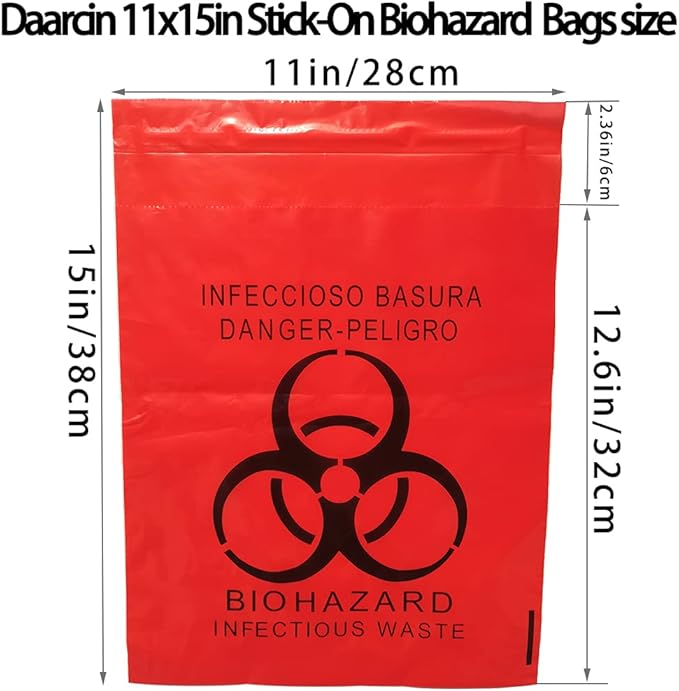100pcs 11x15in/28x38cm Stick-On Biohazard Infectious Red Waste Bags (100pcs 11x15in/28x38cm)