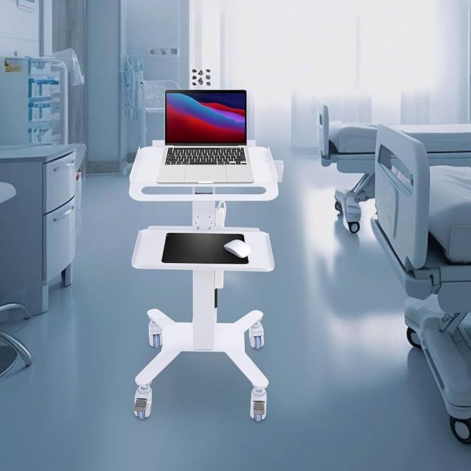 Computer Cart Mobile Standing Workstation with Power Strip, Salon Spa Beauty Machine Trolley Stand, Adjustable Height Computer Cart with 4 Wheels for Placing Computers, Mainframes
