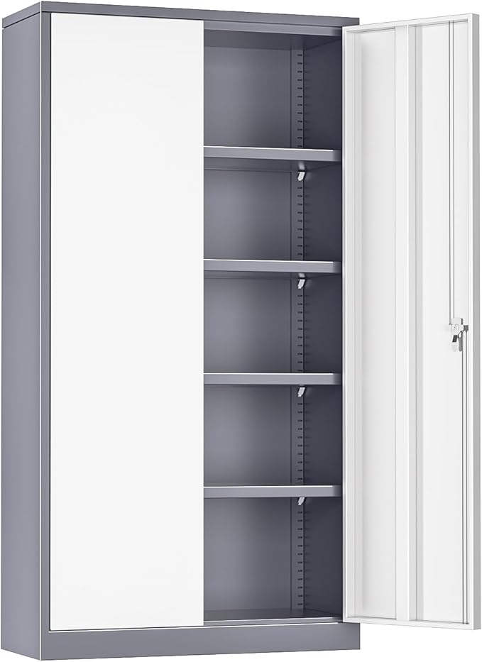 INTERGREAT Storage Cabinet with Doors and Shelves, Metal Garage Storage Cabinets with Lock, Black Lockable Steel Supply Cabinet for Home Office, Warehouse (Grey White)