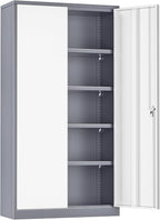 INTERGREAT Storage Cabinet with Doors and Shelves, Metal Garage Storage Cabinets with Lock, Black Lockable Steel Supply Cabinet for Home Office, Warehouse (Grey White)