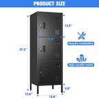 Aobabo 16" W 3 Door Metal Storage Locker with Lock, 47" H Steel Locker with Name Card Holder and Metal Leg for School, Home, Office, Playroom, Assembly Required, Black